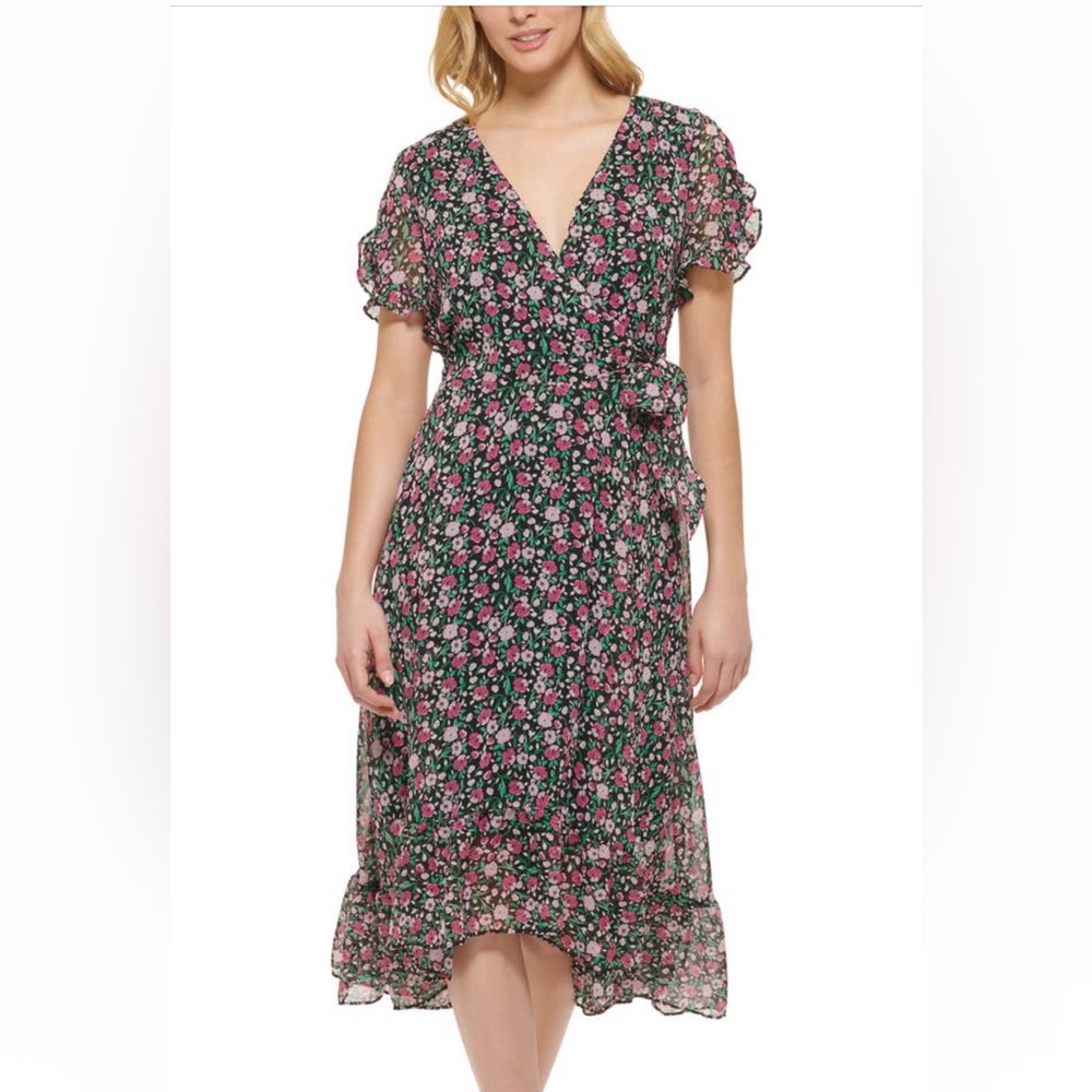 Karl Lagerfeld Paris Floral Short Sleeve Chiffon Faux Wrap Dress